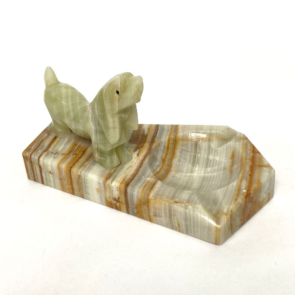 Vintage Carved Onyx Marble Dachshund Dog Ashtray Dish Mid-Century Art Deco